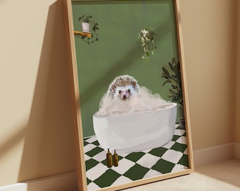 Hedgehog Bathroom Print. Hedgehog in the Bath, Hedgehogs Showering, Cute Animal Bathroom Green Cottage Goblin Wall Art Hand Drawn