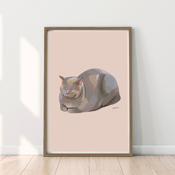 Sleepy Cat Loaf Print, Cute Hand Drawn Grey Cat Digital Illustration, Cat Lovers Funny Pink Poster Bedroom Decor Gift for Her Kitten