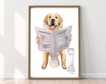May include: A golden retriever dog sitting on a toilet reading a newspaper. The dog is smiling and has a roll of toilet paper next to it.