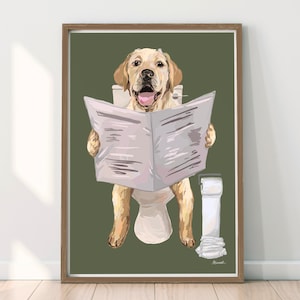May include: A yellow Labrador Retriever dog sitting on a toilet, reading a newspaper, with a roll of toilet paper on the side. The dog is smiling and has a happy expression on its face. The background is a dark green color.