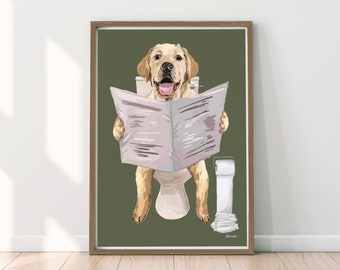 May include: A yellow Labrador Retriever dog sitting on a toilet, reading a newspaper, with a roll of toilet paper on the side. The dog is smiling and has a happy expression on its face. The background is a dark green color.