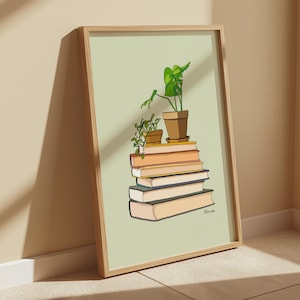 Plant Books Print, Cute Hand Drawn House Plant Lovers Poster Digital Illustration, Plants Decor Gift for Her Wall Art Print