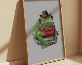 Cowboy Frog Print. Funny Western Toad, Animal Kitchen, Quirky Country Decor, Froggy Wall Art Hand Drawn