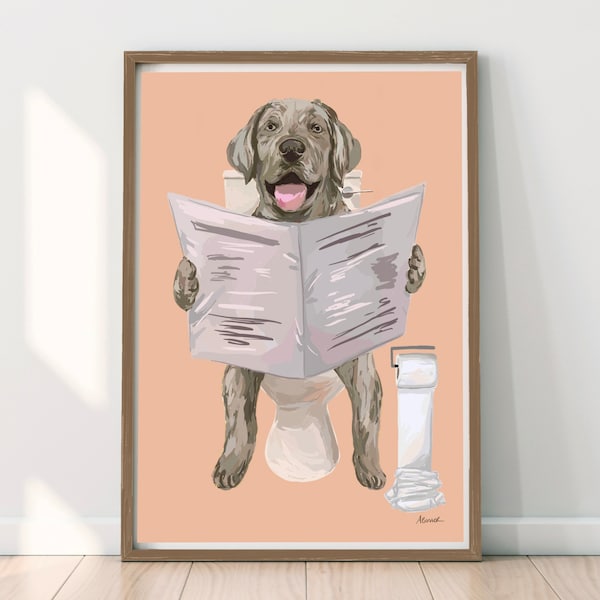 Silver Labrador On Toilet Print, Bathroom Decor, Hand Drawn Dog, Silver Lab Funny Pink Loo Poster Digital Illustration Cute Wall Art Pup