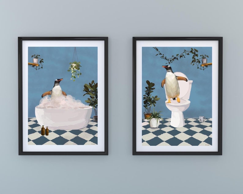 Set of Two Penguin Bathroom Prints. Penguin in the Bath and Penguin on ...