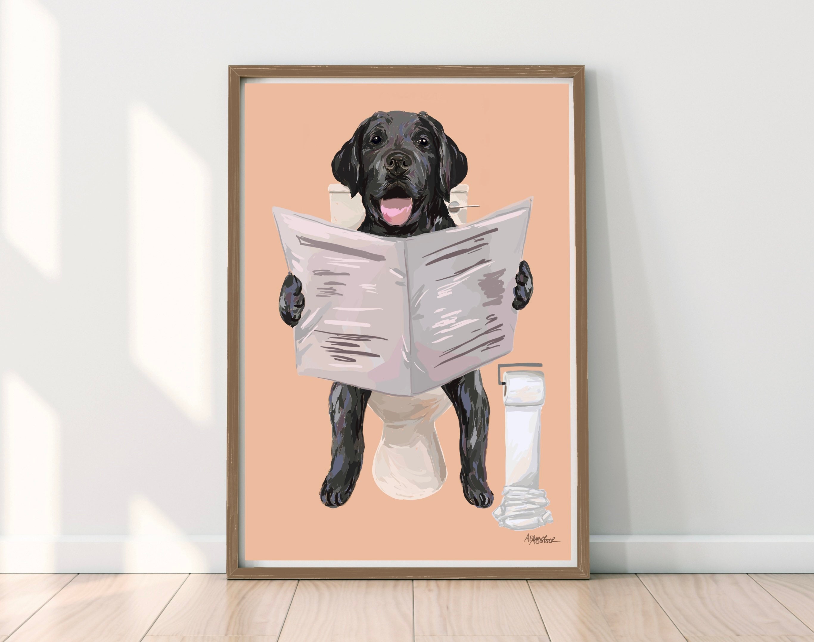 Black Labrador on Toilet Print Bathroom Decor Hand Drawn Etsy