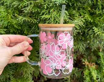 Cherry Blossom Glass, Cherry Blossom Gift Box, Iced Coffee Mug with Handle and Lid, Housewarming Gift for Women, Mother's Day Gift, Under 20