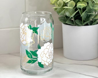 Gardenia Iced Coffee Glass Cup with Lid and Straw, Flower Glass Cup, Flower Gift, Gift for Mother of the Bride, Gift for Grandma