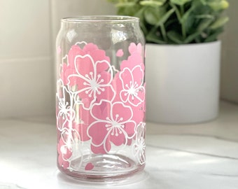Cherry Blossom Glass Cup, Flower Iced Coffee Glass with Lid and Straw, Birthday Gift for Her, Cherry Blossom Gift