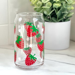 Strawberry Glass Cup, Cute Iced Coffee Cup with Lid and Straw, Birthday Gift for Her, Strawberry Gift, Trendy Cups