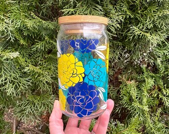 Peonies Gift, Flower Glass Cup with Lid and Straw, Peonies Glass Cup, Coffee Glass Tumbler, Gift for Gardener, November Birth Month Gift