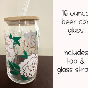 Gardenia Iced Coffee Glass Cup with Lid and Straw, Gardenia Beer Can Glass, Flower Gift for Coffee Lover, Gift for Mother of the Bride image 3