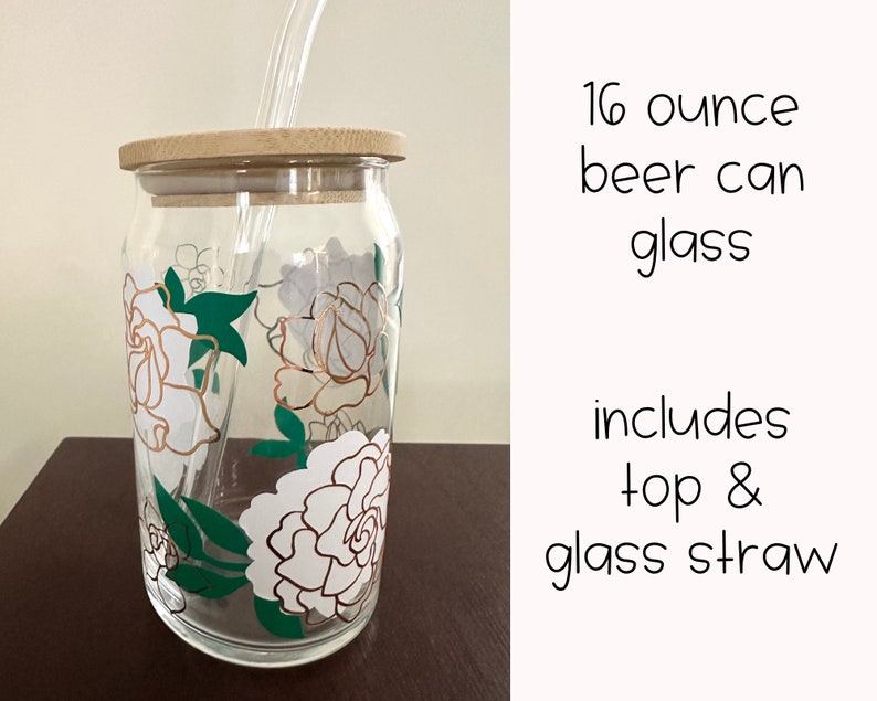 Gardenia Iced Coffee Glass Cup with Lid and Straw, Gardenia Beer Can Glass, Flower Gift for Coffee Lover, Gift for Mother of the Bride image 3