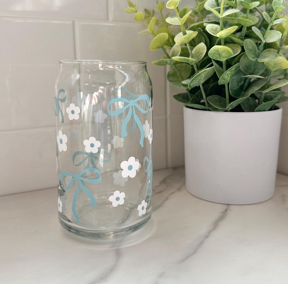 Blue Bow Glass Cup: Coquette Iced Coffee Cup With Lid & Straw - Etsy