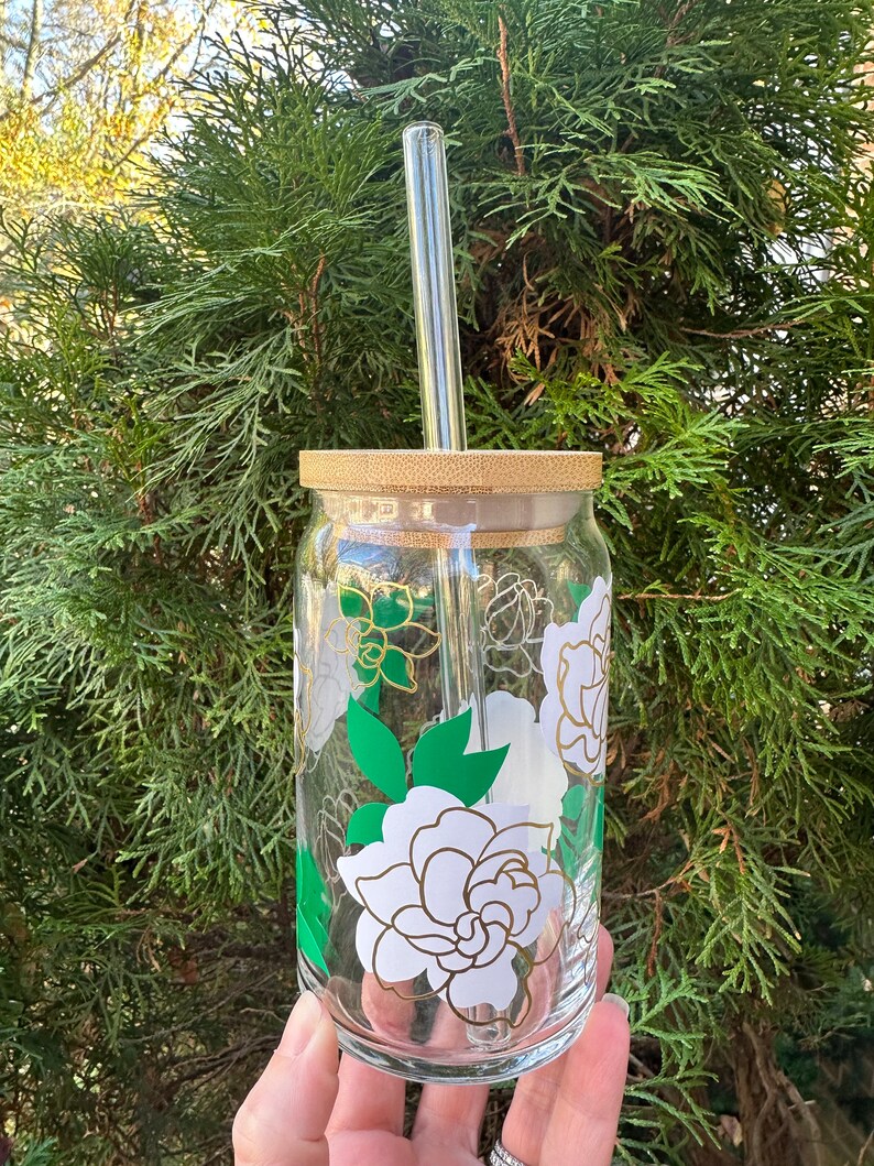 Gardenia Iced Coffee Glass Cup with Lid and Straw, Gardenia Beer Can Glass, Flower Gift for Coffee Lover, Gift for Mother of the Bride image 2