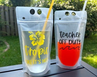 Reusable Drink Pouches with Straw, Adult Drink Pouches, Beach Drink Cups, Spring Break Drink Cups, Vacation Gift, Teacher Spring Break