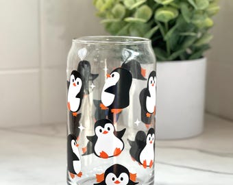 Penguin Coffee Cup, Winter Glass Cup with Lid and Straw, Gift for Coffee Lover, Housewarming Gift for Women, Penguin Lover Gift