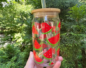 Watermelon Cup, Watermelon Glassware, Fruit Glass Cup, Gift for Teenage Girl, Iced Coffee Glass with Lid and Straw, Fun Gift, Gardening Gift