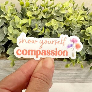 May include: White sticker with the text "show yourself compassion" in pink lettering. The sticker has a watercolor design of pink, purple, and orange flowers.