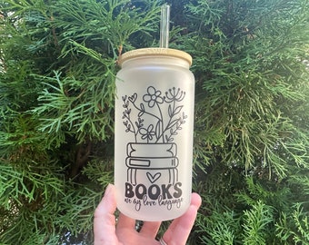 Books Are My Love Language Glass Cup with Lid and Straw, Reading Iced Coffee Cup for Friend, Birthday Gift for Reader, Bookish Merch