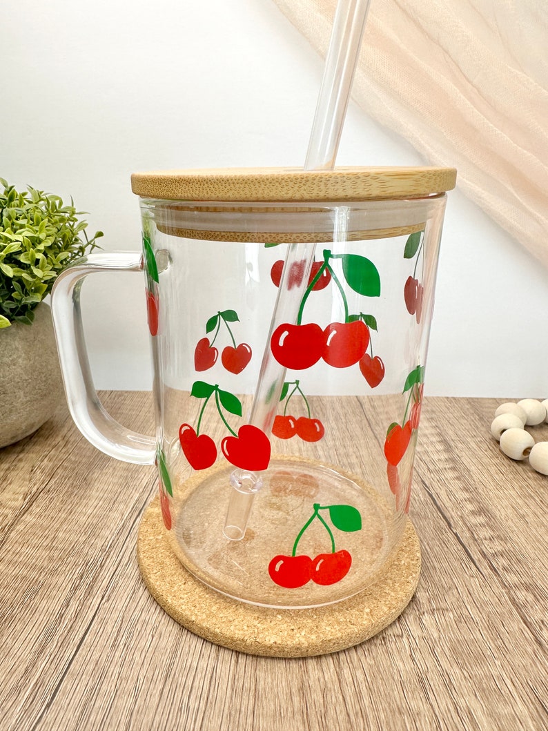 Cherry Glass Mug With Bamboo Lid and Straw: Iced Coffee Cup - Etsy