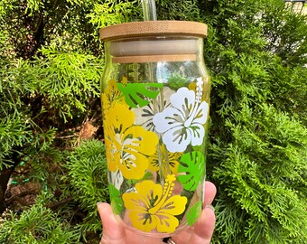 Hibiscus Glass Cup, Flower Iced Coffee Glass, Flower Beer Can Glass, Gift for Women