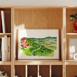 Stampa su album da disegno di Hilly Monsaraz / Paesaggio con case portoghesi / Cornice non inclusa