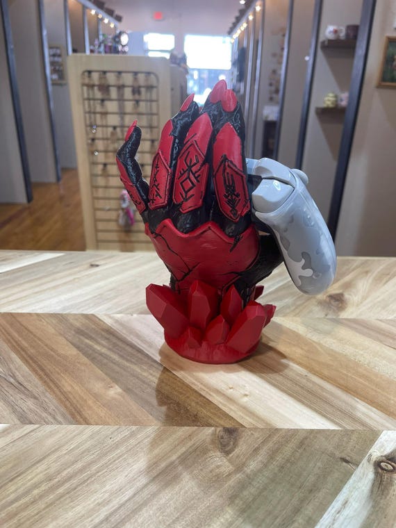Hand Controller Stand with LED Crystal Base | Wireless Remote Rechargeable Light | Xbox & PlayStation | 3D Printed Gaming - Black and Red