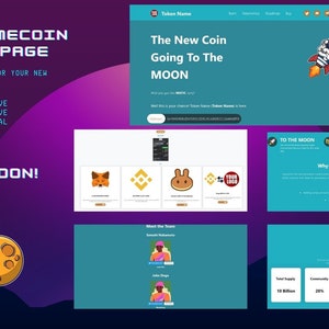 Könnte beinhalten: Ein Website-Landingpage-Design für eine Krypto- oder Memecoin mit Weltraumthema. Das Design enthält den Text "The New Coin Going To The Moon" und "To The Moon!" mit einer Raketen- und Astronautenillustration.