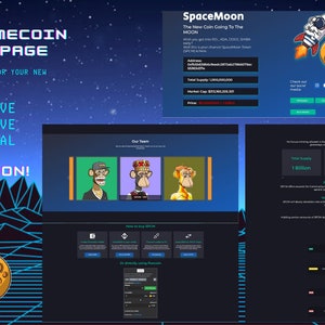 Puede incluir: Una página de aterrizaje de sitio web azul oscuro con el texto "CRYPTO/MEMECOIN LANDING PAGE" en blanco. La página presenta un cohete de dibujos animados volando hacia una luna amarilla con el texto "TO THE MOON!" en blanco. La página también incluye una sección titulada "SpaceMoon" con información sobre el token, incluida la oferta total, la capitalización de mercado y el precio. La página también incluye una sección titulada "Nuestro equipo" con imágenes de tres monos. La página también incluye una sección titulada "Tokenomics" con información sobre la distribución y las recompensas del token.