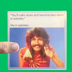 May include: A meme image with the text "You'll calm down and become less weird in sobriety." and "Me in sobriety:" with a photo of a man in a red and yellow costume holding a yellow pyramid.