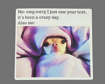 Sorry I just Saw Your Text It's Been a Crazy Day, Funny Dog Sticker, Weatherproof Premium Matte Sticker, Laptop, Water Bottle Decal