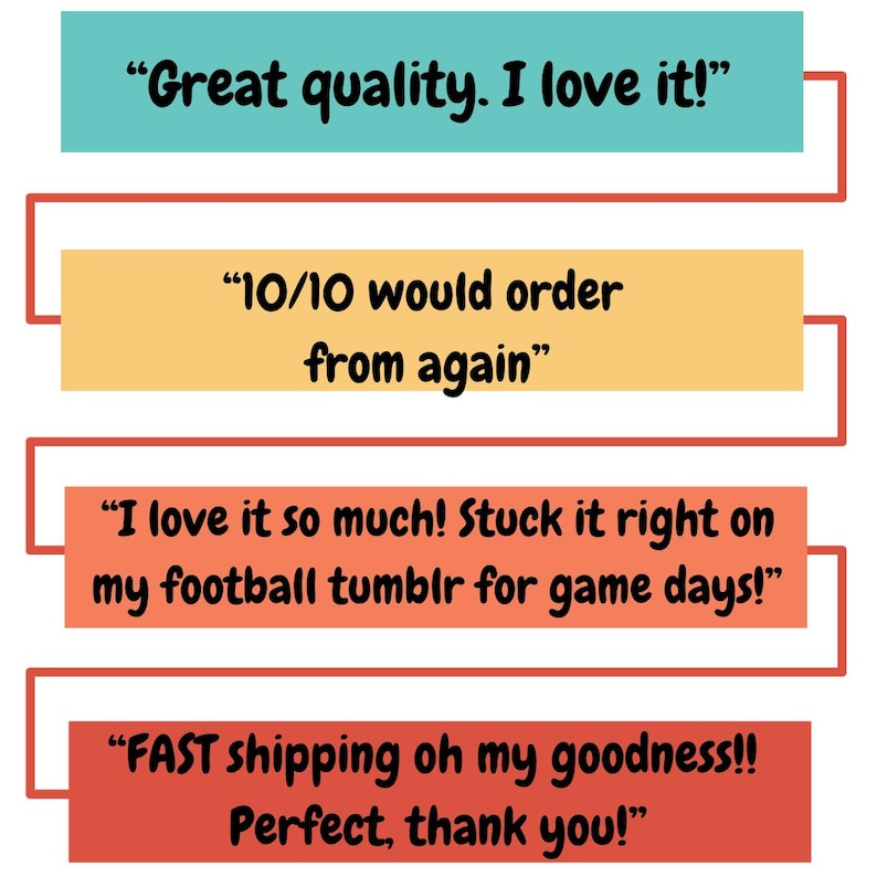 May include: Four customer reviews are displayed in colorful boxes. The reviews are positive and mention the quality, shipping speed, and overall satisfaction with the product. The text reads: "Great quality. I love it!" "10/10 would order from again" "I love it so much! Stuck it right on my football tumblr for game days!" "FAST shipping oh my goodness!! Perfect, thank you!"