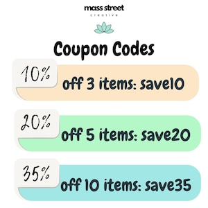 May include: A graphic with three coupon codes for discounts on purchases. The first code is "save10" for 10% off 3 items. The second code is "save20" for 20% off 5 items. The third code is "save35" for 35% off 10 items.