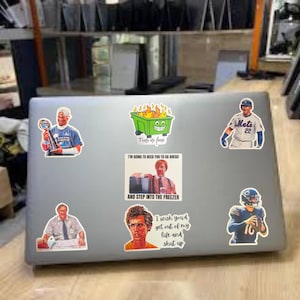 May include: A silver laptop covered in stickers. Stickers include a cartoon dumpster on fire with the text "This is fine", a baseball player, and a football player. Other stickers have text: "I'm going to need you to go ahead and step into the freezer" and "I wish you'd get out of my life and shut up."