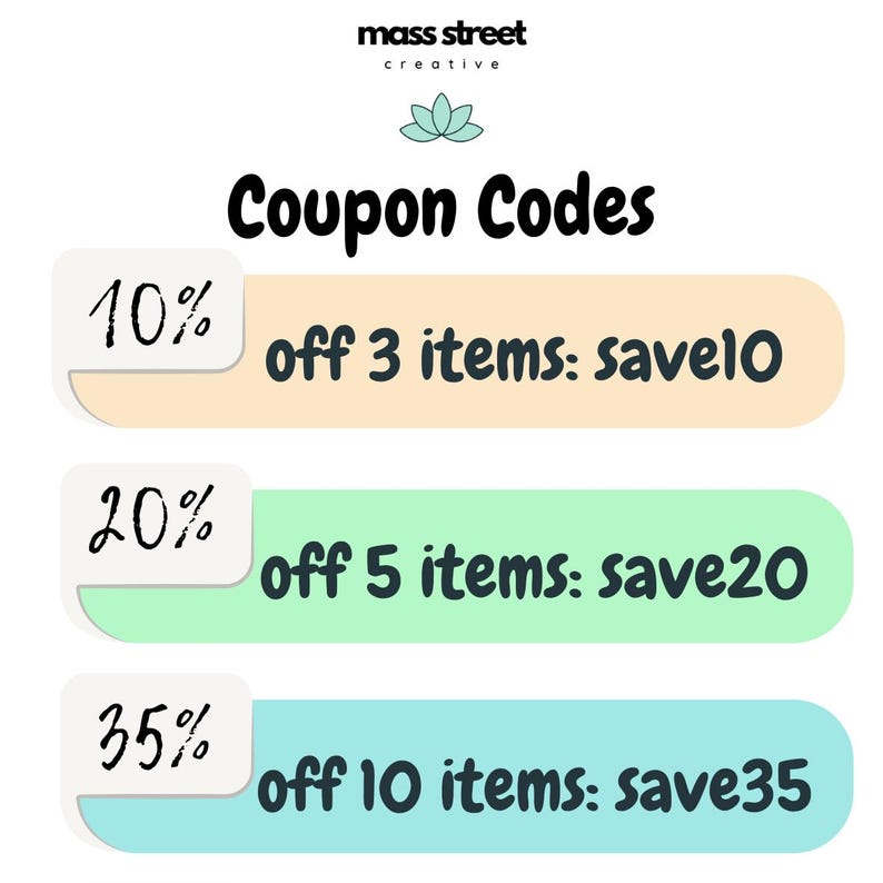 May include: A graphic with the text "Coupon Codes" and the Mass Street Creative logo. It displays three offers: 10% off 3 items, 20% off 5 items, and 35% off 10 items. Each offer is on a colored background.