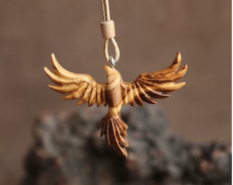 Handmade Olive Wood Phoenix Necklace: Special Gift for Halloween, Christmas, and Beyond