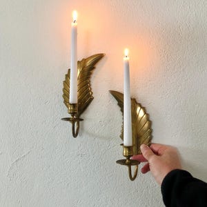 Pair of Vintage Mid-Century Brass Wall Candle Sconces | Leaf Design Candle Holders