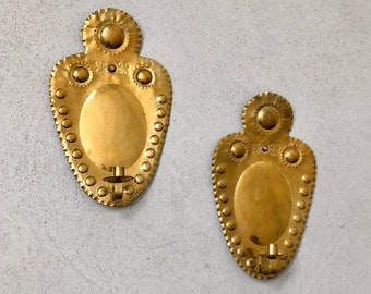 Swedish Vintage Hammered Repoussé Brass Wall Candle Sconces with Ornaments and Patina – Pair