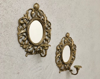 Swedish Mid-Century Brass Mirror Sconces – Pair with Single Candle Light Arms (1940s/1950s)
