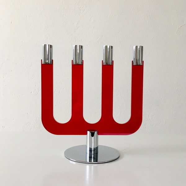 RESERVED_Red Transparent Acrylic 4 Arms Candle Holder by Herstal, Denmark, 1990s