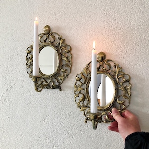 Pair of Vintage Brass/Gilt Candle Sconces with Mirror Backs – Ornate Mid-Century Wall Decor, 1940s–1950s