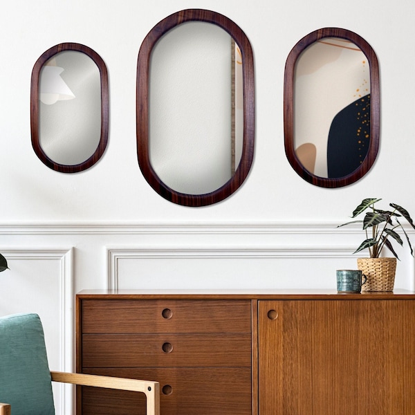 Walnut Oval Framed Mirror, Wooden Framed Bathroom Mirror, Wood Framed Mirror, Bathroom Design, Bathroom Decor