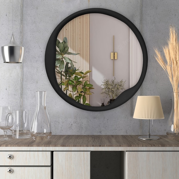 Round Mirror Modern Round Wall Mirror Decor, Wooden Frame Aesthetic Mirror, Round Decor, Circle Decor, Circle Mirror Art, Round Mirror Art