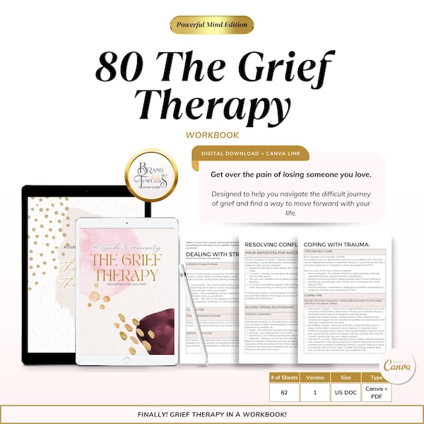 80 Pages Coping with Grief and Loss: Therapy Journal, Grief Workbook, Healing Worksheets, Canva Editable Templates