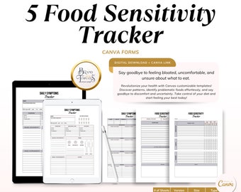 Puede incluir: Una descarga digital titulada "5 Food Sensitivity Tracker" con una tableta y varias páginas impresas. El texto incluye "Canva Forms" y "Digital Download + Canva Link". El rastreador tiene como objetivo ayudar a los usuarios a identificar alimentos problemáticos.
