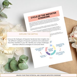 May include: A colorful infographic illustrating the cycle of imposter syndrome. The infographic shows the different stages of the cycle, including doubt, anxiety, and depression, procrastination, overpreparation, and anxiety, reflection, and the conclusion of a project. The text "Explore the Depths" and "Unlock your true potential and conquer imposter syndrome!" is also included.