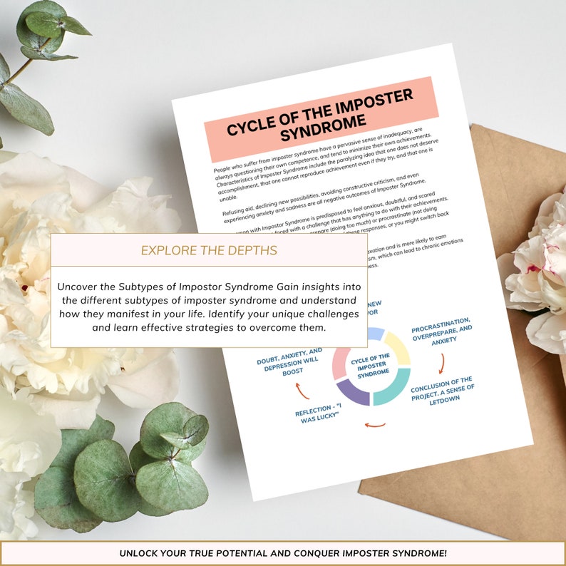 May include: A colorful infographic illustrating the cycle of imposter syndrome. The infographic shows the different stages of the cycle, including doubt, anxiety, and depression, procrastination, overpreparation, and anxiety, reflection, and the conclusion of a project. The text "Explore the Depths" and "Unlock your true potential and conquer imposter syndrome!" is also included.
