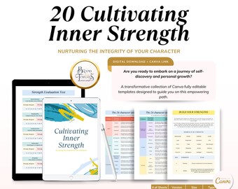 May include: Digital download of a self-help guide titled "20 Cultivating Inner Strength." The image features a tablet and printed templates with text and graphics. The guide is designed to help with self-discovery and personal growth.