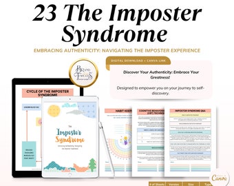 Puede incluir: Una descarga digital de una guía de 23 páginas titulada "El síndrome del impostor" con un esquema de color rosa, amarillo y verde. La guía está diseñada para ayudar a las personas a navegar por la experiencia del impostor y abrazar su autenticidad. La guía incluye un ciclo del síndrome del impostor, el mantenimiento de hábitos, las técnicas conductuales cognitivas y preguntas y respuestas sobre el síndrome del impostor.